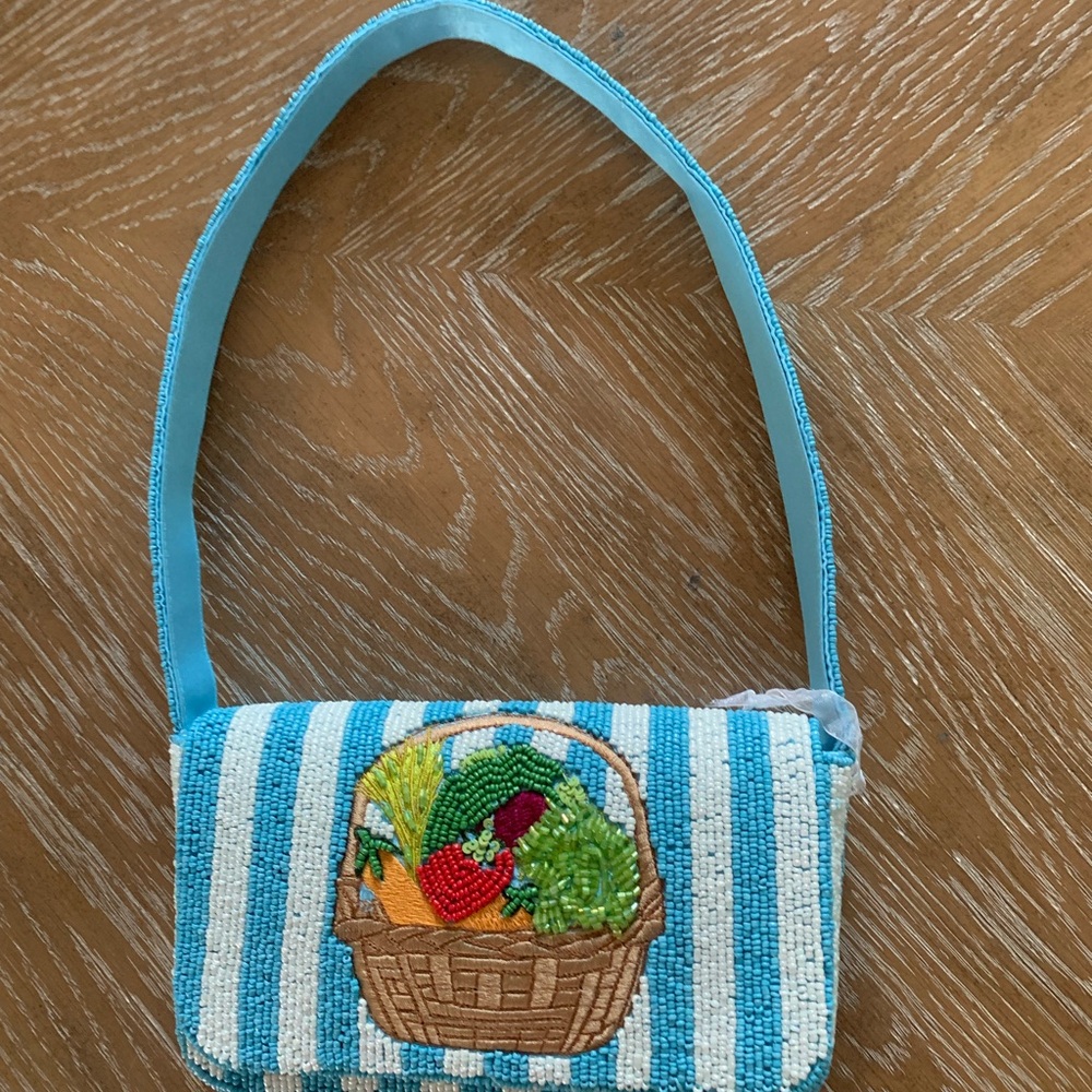 Blue Striped Beaded Basket Appliqué Shoulder Bag